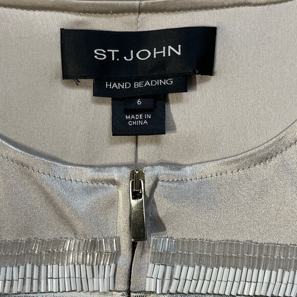 St. John Women Size 6 Limestone White Gold Hand Beaded Shimmer Silk Lined Jacket - Picture 3 of 12